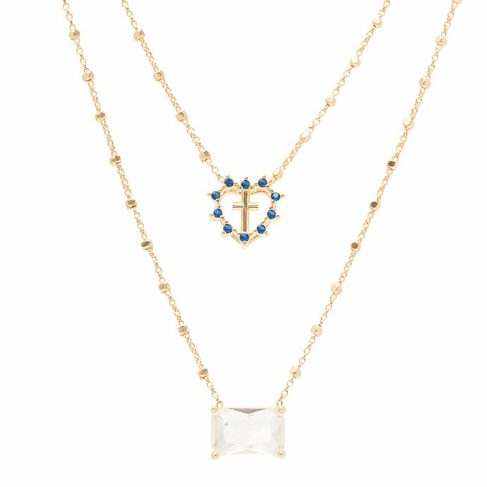 Collar Escapulario Cristal & Corazón Azul Dorado