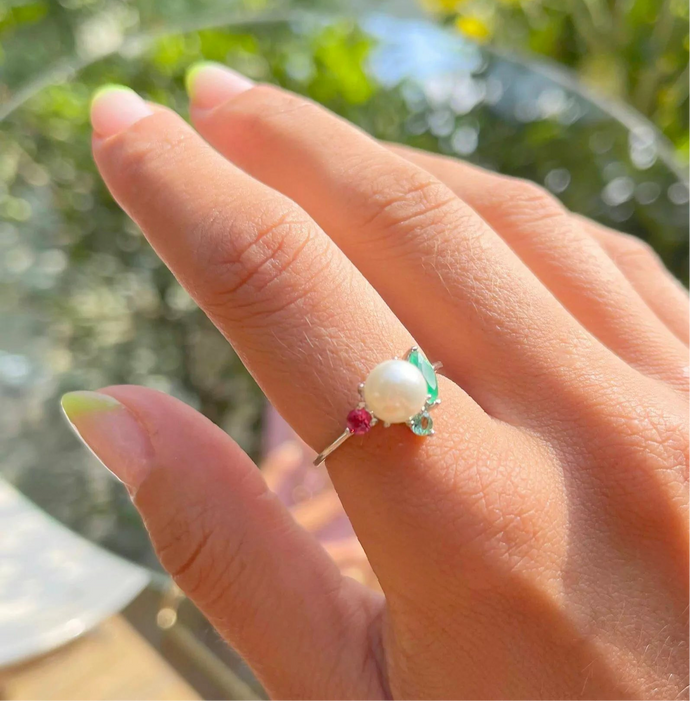Anillo Perla Esmeralda Rubi redondo Plata 925