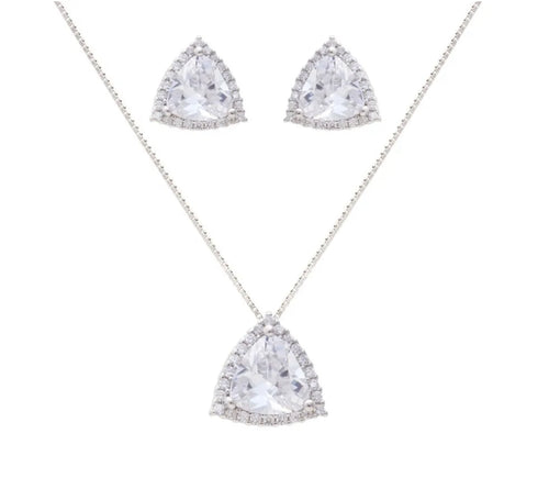 Conjunto pendientes con collar 45cm en plata925 forma triangulo con circonitas en baño de rodio.  Joyas hipoalergicas y sin niquel.
