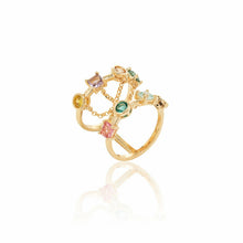 Cargar imagen en el visor de la galería, Anillo cadena con cristales coloridos en baño de oro 18k

Aro 15 Brasil. TAM 5 USA

6 meses de garantia en su baño 
