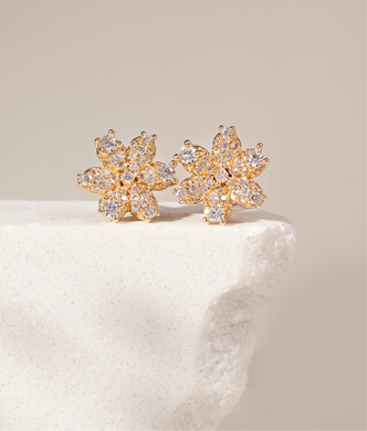 Aretes de 6 pétalos de cristal dorada, chapados en oro de 18 quilates, con diseño floral de seis pétalos de cristal dorada