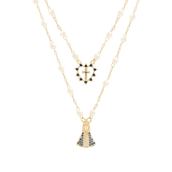 Collar escapulario  religioso corazon con perla nuestra señora aparecida en baño de oro18k