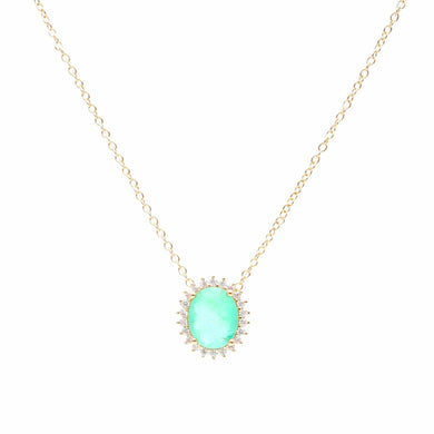 Collar oval Esmeralda colombiana cravejada circonitas colors fusion en baño de oro 18k.

Conjunto con el Anillo. Es posible venta separada .
