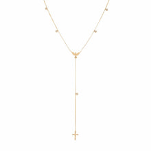 Cargar imagen en el visor de la galería, Colar delicado largo estilo gravata circonitas con un Espíritu Santo y una cruz en baño de Oro18k

45 cm + 5 cm ajustáveis.

Temos pendientes para o conjunto.

Joyas Hipoalergénicas e sem níquel
