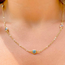 Cargar imagen en el visor de la galería, Collar con mini ojos griego coloridos en baño de oro18k.  Conjunto con pulsera y tobillera ojo griego colors
