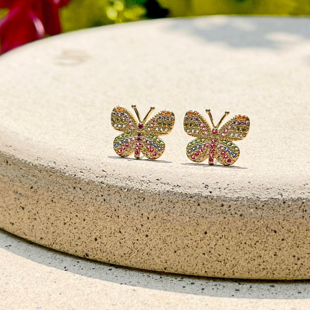 Pendiente mariposas coloridas en baño de oro 18k.  joyas hipoalergénicas y sin níquel.