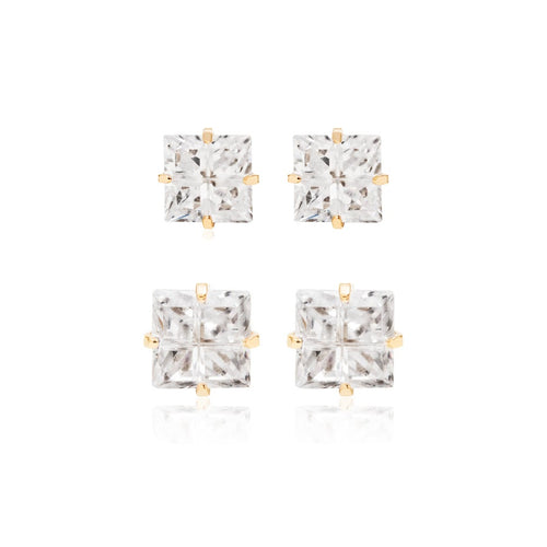 <p>Pendientes solitario plata circonitas 6MM y 8mm eb baño de oro18k</p> <p>Super delicado un punto de luz cuadrado para todos los dias.</p> <p>Joyas hipoalergicas y sin niquel.</p>