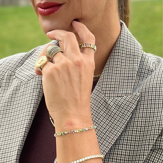 Conjunto collar y pulsera riviere formas assimetricas con circonitas coloridas super moderna. piedras brasileñas