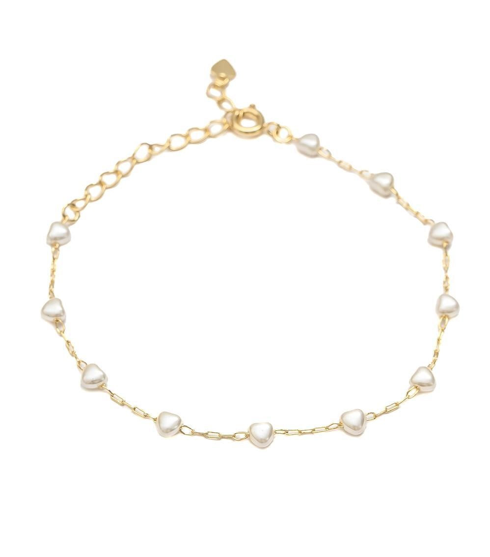 Pulsera delicada corazones perla en baño de rodio o en baño de oro 18k  15 cm + 5 cm ajustable.  Tenemos collar y pendientes para conjunto.  Joyas Hipoalergénicas y sin níquel