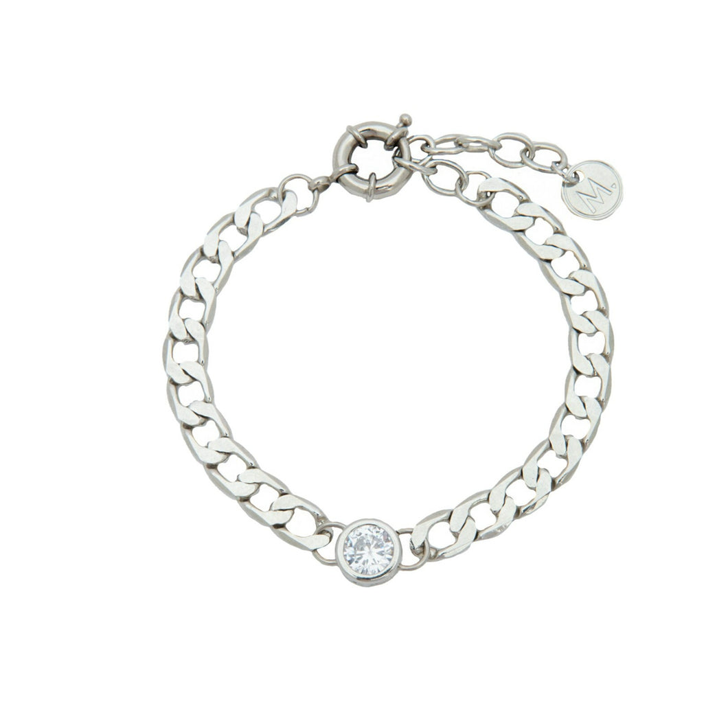 Una Joya exclusiva! Pulsera cadena con cristal chatón en plata. cierre bóia.  Tamaño: 18cm, Ext: 5cm . Peso: 11,3g.