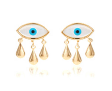 Pendientes Ojo griego madreperla con circonitas en baño de oro18k  conjunto con collar drops de ojo griego.