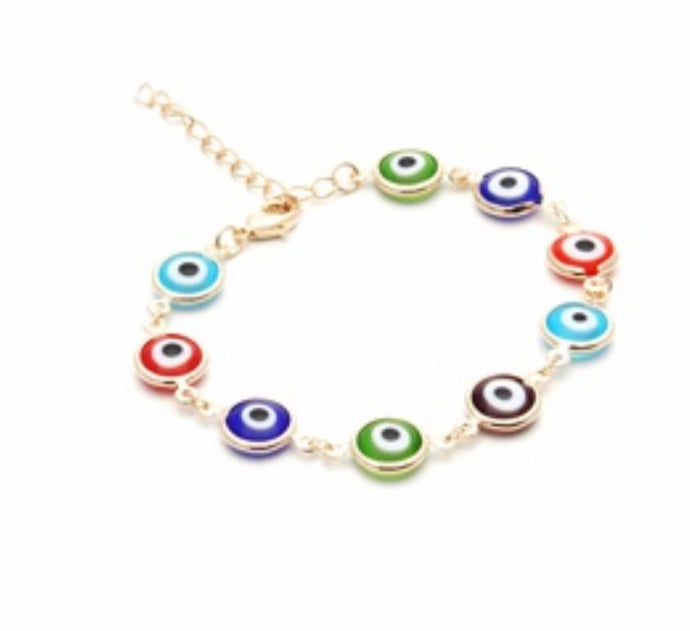 Pulsera ojo griego Esmaltada resina color sen baño de oro 18k.  Modelo 5 Ojos 21 cm  Modelo 9 Ojos 23 cm