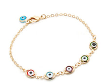 Cargar imagen en el visor de la galería, Pulsera ojo griego Esmaltada resina color sen baño de oro 18k.  Modelo 5 Ojos 21 cm  Modelo 9 Ojos 23 cm
