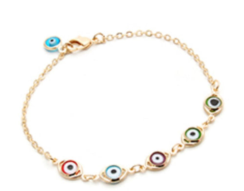 Pulsera ojo griego Esmaltada resina color sen baño de oro 18k.  Modelo 5 Ojos 21 cm  Modelo 9 Ojos 23 cm