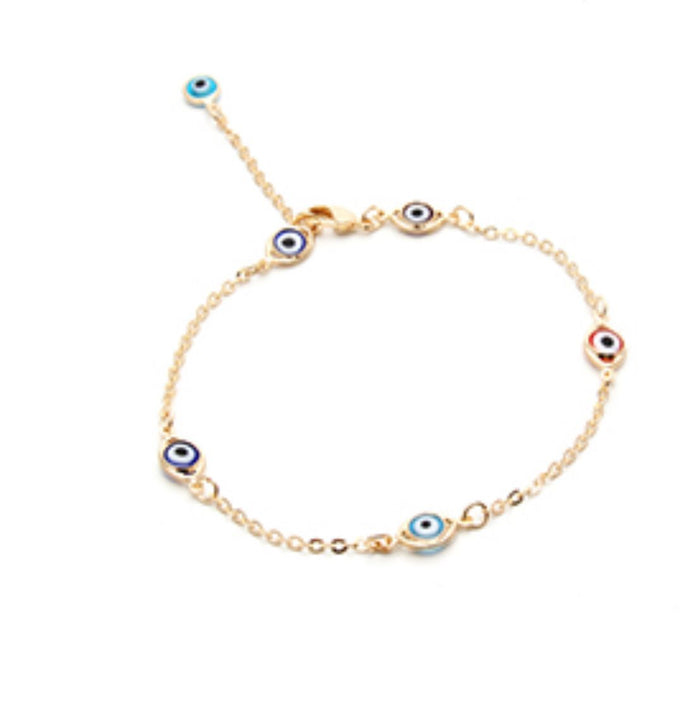 Tobillera con ojo griego redondo coloridos en baño de oro18k.   26cm. 